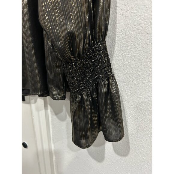 Worthington Metallic Black Gold Shimmer Blouse Smocked Collar Cuffs Sz XXL - Picture 5 of 9